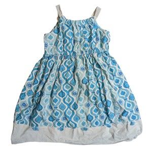 Gymboree Girls Linen Blend Dress Aqua Summer Tassel Tile Print Size 9 Blue White